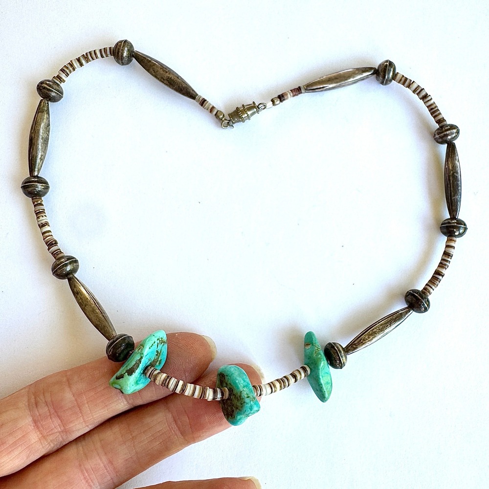 VTG Turquoise Necklace Navajo 16in Bench Bead Nuggets Shell Heishi Sterling